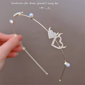 Serre-tête en Alliage de Strass en Forme de Cœur de Corne de Diable Style Coréen Perle Artificielle Couleur Or Bijoux pour Femme
