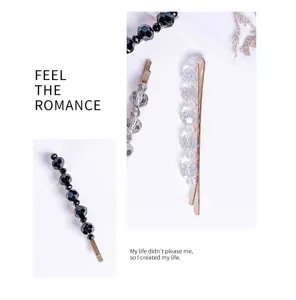 Close-up detail of crystal beaded hair clips, elegant black and white hair styling accessories.