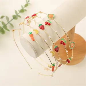 Sweet Fruit Metal Headband Enamel Cherry Strawberry Banana Hair Band With Artificial Pearl Minimalist Korean Fashion Hair Accessories For Women