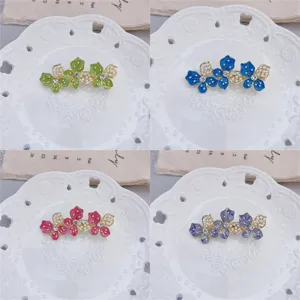 Chic enamel flower hair clip with pearls and rhinestones, elegant sweet side duckbill clip.