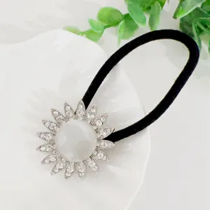 Rhinestone flower hair tie detail, sparkling crystal elastic hair band accessories.