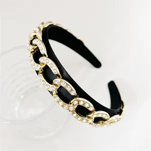 Retro schwarz goldene Kette Strass Haarreif Luxus Barock Stil Haarschmuck fuer Damen.