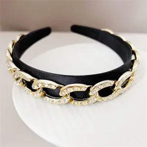 Elegantes schwarzes Satin-Haarband mit Strass-Kette, vintage Barock Stil Haarschmuck für Damen.