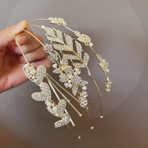 Elegant rhinestone pearl hair hoop set, sweet leaf and heart design headband for daily wear.