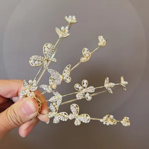Forest Style Rhinestone Pearl Butterfly Hair Hoop Elegant Gold Thin Headband Daily Accessories