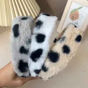 Fluffy wide headband winter plush hair hoop cute animal spot hair accessories for women