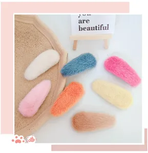 Fluffy macaron color waterdrop hair clips, soft plush surface, sweet cute daily hair styling accessories.