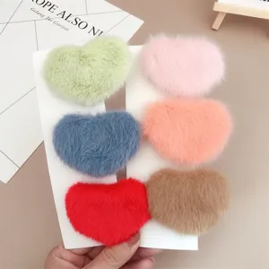 Cute plush heart hair clips in candy colors, soft fuzzy hair accessories for daily wear.