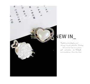 Elegant pearl rhinestone heart and white camellia flower mini hair claws for sweet daily styles.