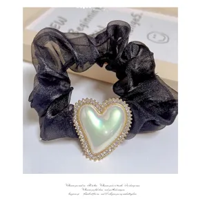 Chouchou de cheveux en organza noir avec pendentif cœur en strass scintillant femmes