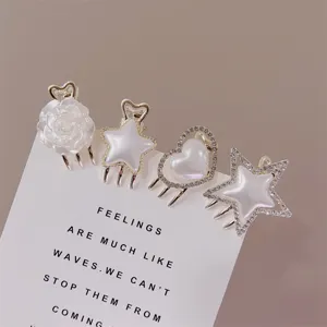 Sweet Alloy Rhinestone Artificial Pearl Mini Hair Claw Clip Cute Heart Flower Star Small Hairpins For Women Everyday Headwear