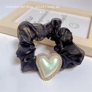 Chouchou de cheveux en organza noir coréen avec pendentif cœur perlé strass étincelant