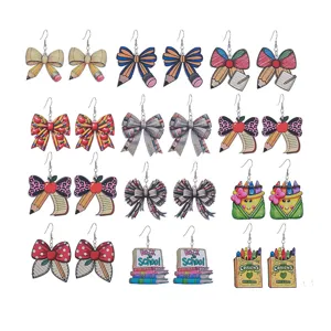 Creative School Style Wood Resin Pencil Bow Dangle Earrings Back To School Student Teacher Fun Ear Jewelry