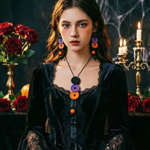Gotische Halloween knop ketting oorbellen set met oranje paarse zwarte lagen voor feestkleding.