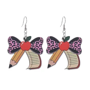 Back to school wooden earrings cute pencil bow design drop earrings for teachers and students.