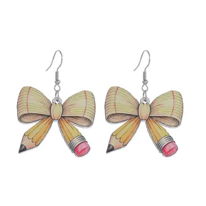 Creative school pencil bow wooden drop earrings for back to school and teachers daily wear