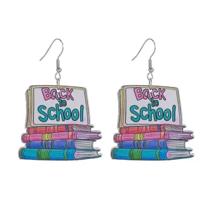 Cute Back to School book drop earrings for teachers and students, colorful campus style.