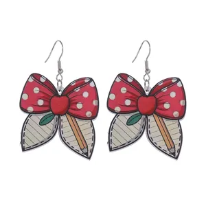 Creative wooden pencil bow earrings with back-to-school campus style for daily wear.