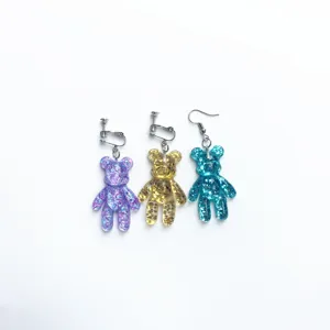 Cute Resin Glitter Bear Drop Earrings For Women Japanese Korean Funny Animal Dangle Earrings With Ear Hooks And Clips Fashion Jewelry
