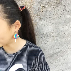 Colorful lollipop drop earrings for women, cute clip-on earrings with funny candy design.