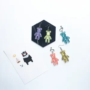 Colorful glitter resin bear earrings cute animal ear studs for women and girls jewelry gift.
