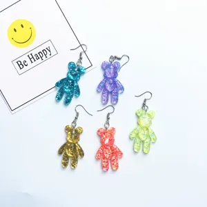 Colorful glitter resin bear earrings cute dangling drop earrings for women fashion jewelry gifts