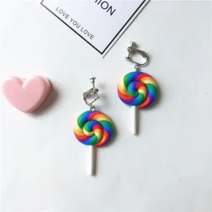 Colorful rainbow lollipop clip-on earrings for women, cute resin geometric candy jewelry.