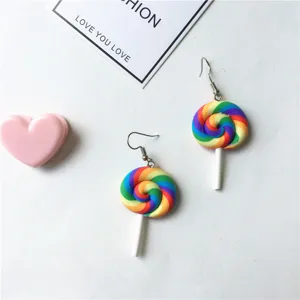 Colorful rainbow lollipop drop earrings detail, sweet and cute fashion jewelry design.