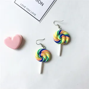 Colorful polymer clay swirl lollipop hook earrings cute sweet playful ear jewelry