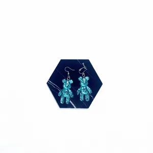 Blue glitter resin bear earrings cute animal ear studs non pierced jewelry accessories