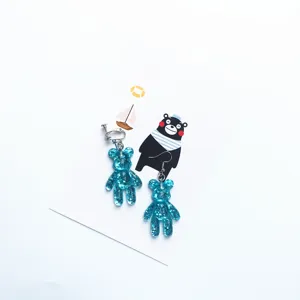 Cute blue glitter resin bear earrings with display card for women and girls daily wear