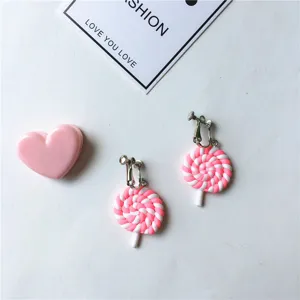 Pink white spiral lollipop clip earrings cute sweet ear jewelry non pierced earrings for women