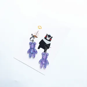 Purple glitter resin bear earrings, cute cartoon animal drop earrings for women and girls.