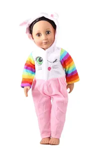 Set di vestiti per bambole da 18 pollici con tuta rosa e bianca, orecchie da coniglio e maniche.
