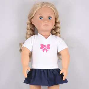 Set di abiti per bambole in vinile da 18 pollici, t-shirt bianca con fiocco e gonna.