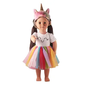18 inch doll outfit detail showing cute unicorn headband, t-shirt and colorful rainbow tutu skirt.