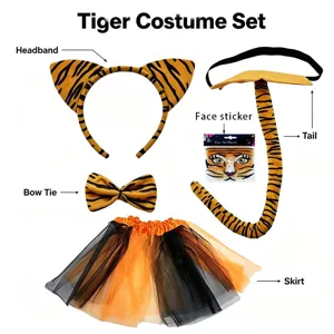 Tiger Kostüm Set mit Haarreif Schwanz Fliege Rock und Aufkleber für Halloween Party.