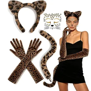 Leopard print costume set featuring plush ears headband, long tail, gloves and face stickers.