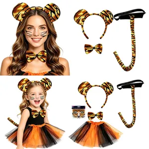 Tiger Kostüm Set mit Haarreif, Schwanz und Fliege für Erwachsene und Kinder Halloween Party.