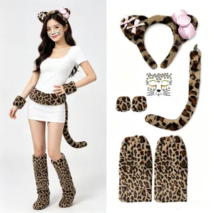 Detail shot of fluffy leopard print cosplay costume set featuring cute ears headband and tail.