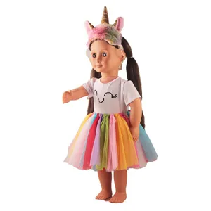 18 inch doll clothes unicorn outfit rainbow tulle skirt set for American girl doll toys
