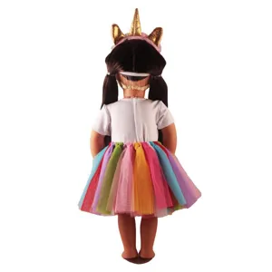 18 inch doll unicorn outfit set detail view, colorful tulle skirt and cute headband.