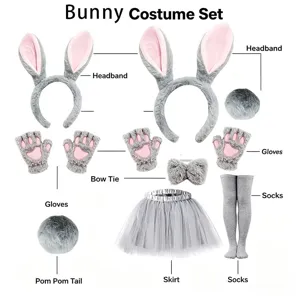 Ensemble de costume de lapin avec serre-tête oreilles, gants pattes, jupe et nœud papillon.