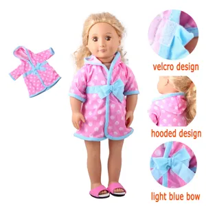 18 inch doll bathrobe pink polka dot clothes with velcro and bow for American doll girl gifts