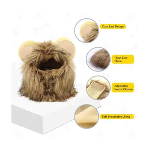 Detail des Haustier-Löwenmähnen-Kostüms mit Plüschhaar, süßen Ohren und weichem Futter.