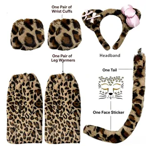 Leopard print costume set with headband, wrist cuffs, leg warmers, tail, and face sticker.