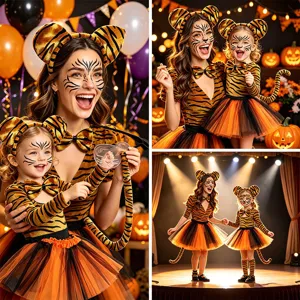 Halloween Mutter Tochter Tiger Kostüm Detail mit süßem Haarreif Rock und tollem Set.