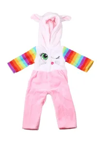 Close-up detail of cute pink plush doll onesie with rainbow sleeves and animal hood design.