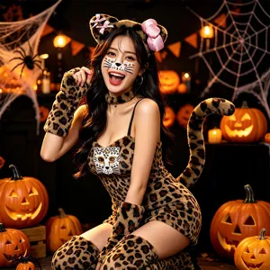 Halloween leopard costume set with ears tail and dress for women adult roleplay party.