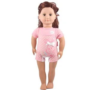18 inch doll wearing cute pink polka dot romper with bunny print, detailed toy.